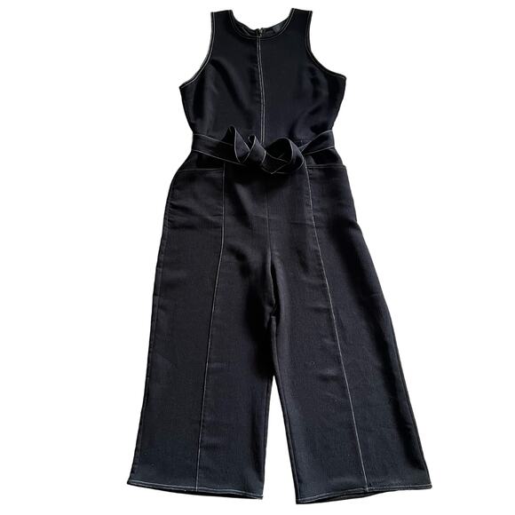 Greylin Isla Jumpsuit LARGE Contrast Stitching Crop Wide Leg Belted Crepe Tie - Picture 2 of 11